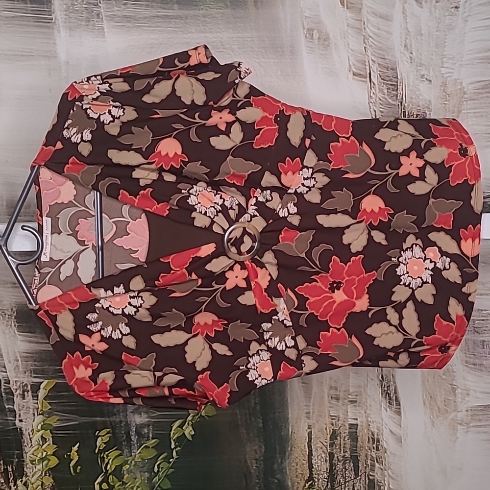 JM Collection Womens Large Petite floral warm tone dressy blouse